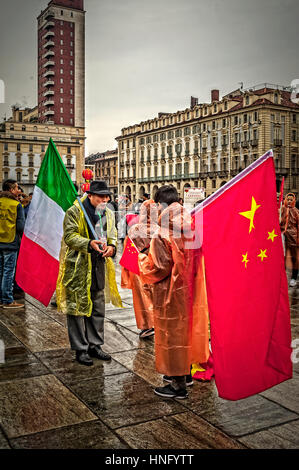 Turin, Italy. 12th February 2017. Celebrations for the Chinese New Year, also known as the Lunar New Year or Spring Festival and Dragon Dance - 2017 Year of the rooster Credit: Realy Easy Star/Alamy Live News Stock Photo
