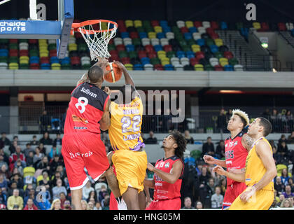 London, UK. 12th February, 2017. Leicester Riders defeat London Lions  84-80 in overtime at Copper box, Olympic Park, London. London Lions' no 22 Rashad Hassna and Riders' no 8 Drew Sullivan jump to the basket. Credit Carol Moir/AlamyLiveNews. Stock Photo