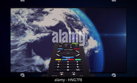 InfraRed Remote controller. Tv set with Earth planet in background. 3d rendering. Stock Photo