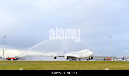 Water Canon Salute, gate, bridge, Firstflight, Senator Atlantic Bridge, Air Atlanta Icelandic, senator, Boeing, B 747 Cargo, roll out, airport Munich, Stock Photo