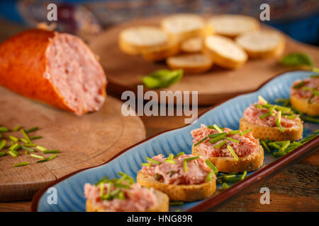 Pate with fresh baguette, appetizer plate Stock Photo