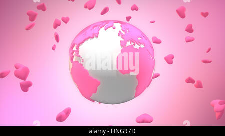 Pink Valentine's Earth surrounded by hearts 3D illustration Stock Photo