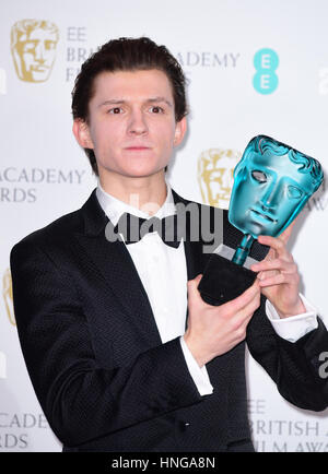 EE Rising Star winner actor Tom Holland in the press room during the EE British Academy Film Awards held at the Royal Albert Hall, Kensington Gore, Kensington, London. PRESS ASSOCIATION Photo. Picture date: Sunday 12 February 2017. See PA Story SHOWBIZ Baftas. Photo credit should read: Ian West/PA Wire Stock Photo