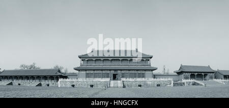 Historical architecture panorama in Forbidden City in Beijing, China in black and white. Stock Photo