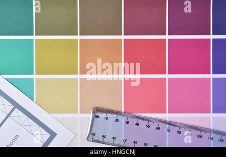 Color palette for housing decoration project with detail of plan and rule. Top view Stock Photo