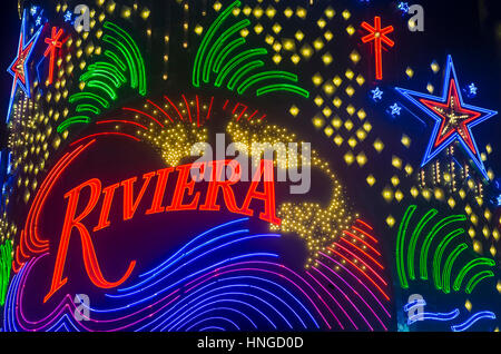 The Riviera hotel and casino sign in Las Vegas. The Riviera opened on 1955 and is one of the first hotel casinos to open in the Las Vegas strip Stock Photo