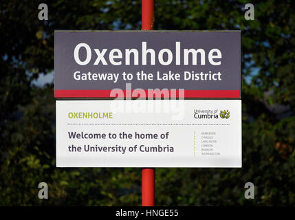 Rail station sign, Oxenholme Gateway to the Lake District. Oxenholme, Cumbria, England, United Kingdom, Europe. Stock Photo