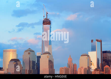 NEW YORK CITY - MARCH 20: One World Trade Center (Freedom Tower) at sunset on March 20, 2013 in New York City. It is the tallest building in New York Stock Photo
