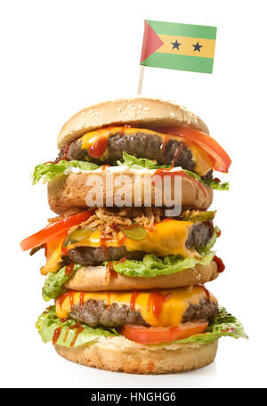 Fresh and tasty XXL hamburger with the flag of Sao Tome and Principe.(series) Stock Photo