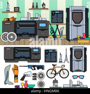 Professional 3D printing. 3D equipment and goods in the room. Modern technology concept. Bicycle, 3D printer, goods isolated on white background Stock Vector