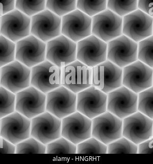 Abstract seamless vector pattern with rotating concentric hexagonal shapes forming the whirling sequences in grey hues Stock Vector