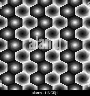 Abstract seamless vector pattern with rotating hexagonal shapes forming the whirling sequences in grey hues Stock Vector