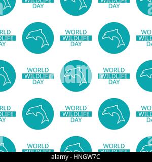 World Wildlife Day tileable background. Vector design element, seamless pattern with symbols of marine animals. Dolphin and text on white Stock Vector