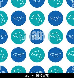 World Wildlife Day tileable background. Vector design element, seamless pattern with symbols of birds and marine animals. Dolphin and seagull on white Stock Vector