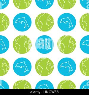 World Wildlife Day tileable background. Vector design element, seamless pattern with symbols of sea animals and planet Earth. Green globe and blue dol Stock Vector