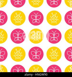 World Wildlife Day tileable background. Vector design element, seamless pattern with symbols of insects. Pink butterfly and yellow ladybug on white Stock Vector