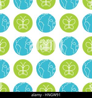 World Wildlife Day tileable background. Vector design element, seamless pattern with symbols of planet Earth and insects. Green butterfly and blue glo Stock Vector