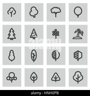 Vector line tree icons set on grey background Stock Vector
