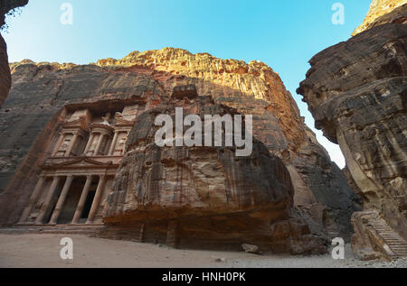 Al Khazneh in the ancient city of Petra, Jordan. The Treasury. Petra has led to its designation as a UNESCO World Heritage Site. Stock Photo