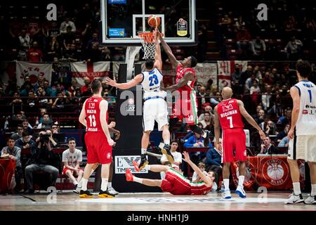 Assago, Italy. 12th Feb, 2017. Christian Burns (#23 Germani Basket Brescia) shoots a layup during the match of Italian basketball league LegaBasket A between EA7 Emporio Armani Milan vs Germani Basket Brescia at Mediolanum Forum. Emporio Armani Milan wins over Germani Basket Brescia with the score of 93-79. Credit: Roberto Finizio/Pacific Press/Alamy Live News Stock Photo