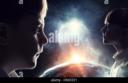 Profile image of cute girl and boy against night sky background. Elements of this image are furnished by NASA Stock Photo