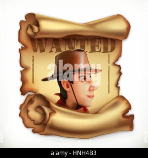 Wanted cowboy. Old paper scroll. 3d vector icon Stock Vector