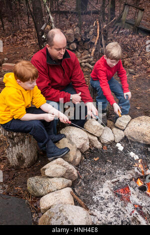 Father and Sons Roasting Marshmallows on an Open Campfire, USA Stock Photo