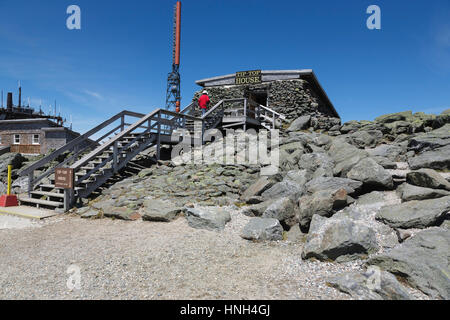 The Tip Top House (originally built as a hotel in 1853) on the summit of Mount Washington in the White Mountains, New Hampshire USA. Stock Photo