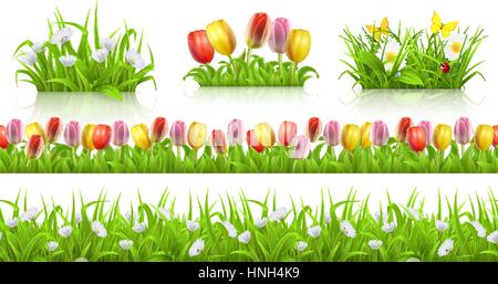 Spring seamless pattern, grass and flowers 3d vector set Stock Vector