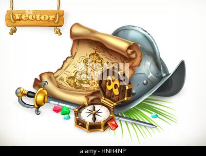 Old treasure map and conquistador helmet. Adventure 3d vector illustration Stock Vector