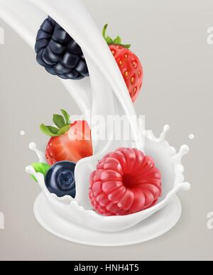 Milk splash and berry. 3d vector object. Natural dairy products Stock Vector