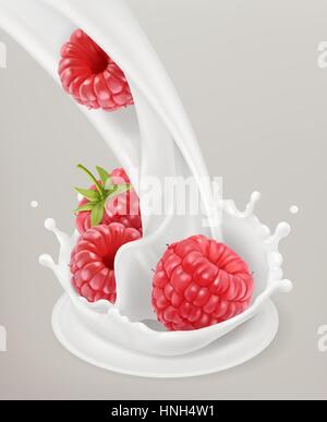 Milk splash and Raspberries. 3d vector object. Natural dairy products Stock Vector