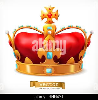 3d gold crown icon with a red gem. Cute three dimensional vector ...