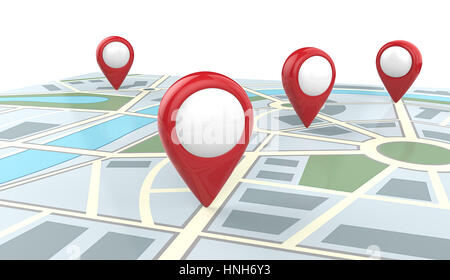 Map with 4 Large Red GPS Pointers. 3D render, Blank for Copy Space. Stock Photo