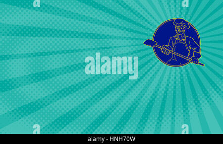 Business card showing Mono line style illustration of a baker pizza maker holding peel viewed from front set on sunburst background.