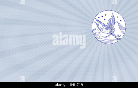 Business card showing Mono line style illustration of a great blue heron flying viewed from the side set inside circle with stars and mountain in the 