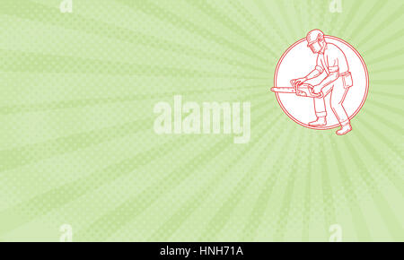 Business card showing Mono line style illustration of lumberjack arborist tree surgeon wearing helmet protective gear holding operating a chainsaw vie