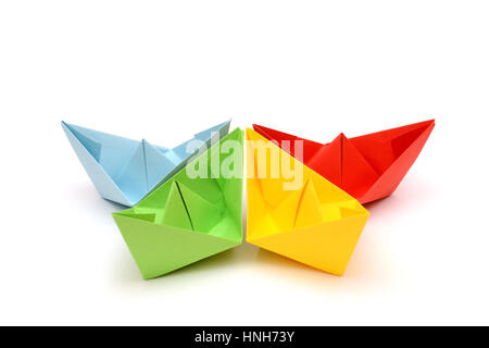 Ships origami. Paper boats. Colorful figures. Transport origami Stock Photo