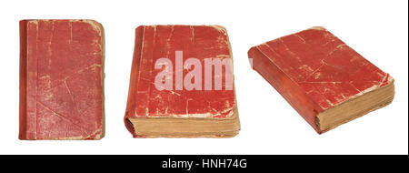 Old torn book isolated on white background. Vintage Book photographed from various angles. Tattered book Stock Photo