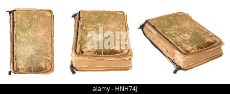 Old torn book isolated on white background. Vintage Book photographed from various angles. Tattered book Stock Photo