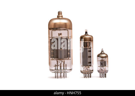 Group of old vacuum tubes isolated on the white background, radio valves. Stock Photo