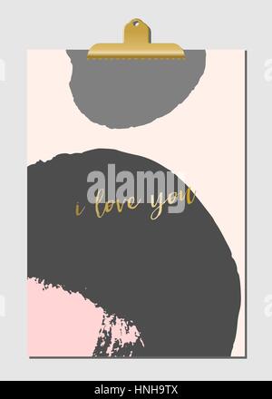 Modern and stylish poster design with golden clip. Hand drawn brush strokes in pastel pink and gray with text in golden. Stock Vector