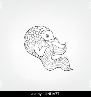 Fish isolated on white background. Doodle Line Art  pattern of underwater marine life in retro chinese style. Stock Vector