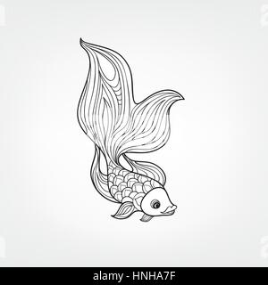 Fish isolated on white background. Doodle Line Art  pattern of underwater marine life in retro chinese style. Stock Vector