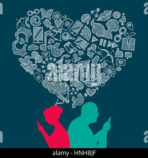 Elder internet social media love concept illustration. Senior couple on phone with hand drawn icons in heart shape. EPS10 vector. Stock Vector