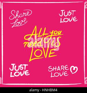 Love concept set of hand drawn lettering quotes in hand made authentic sketch typography for romantic design. EPS10 vector. Stock Vector