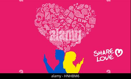 Internet mobile connection social media heterosexual love concept illustration. Young man and woman couple on smart phone with hand drawn icons in hea Stock Vector