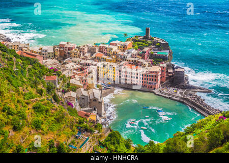 Beautiful aerial view of the scenic town of Vernazza, one of the five famous fisherman villages of Cinque Terre, Liguria, Italy