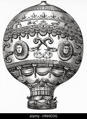 The Montgolfier brother's hot air balloon, Aérostat Réveillon, launched in the first piloted ascent at Versailles, France in 1783.   From Meyers Lexicon, published 1927. Stock Photo