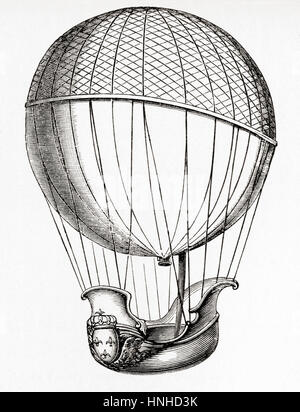 The first manned hydrogen balloon flown by Professor Jacques Charles and Nicolas-Louis Robert at the Jardin des Tuileries, Paris, France in 1783.    From Meyers Lexicon, published 1927. Stock Photo